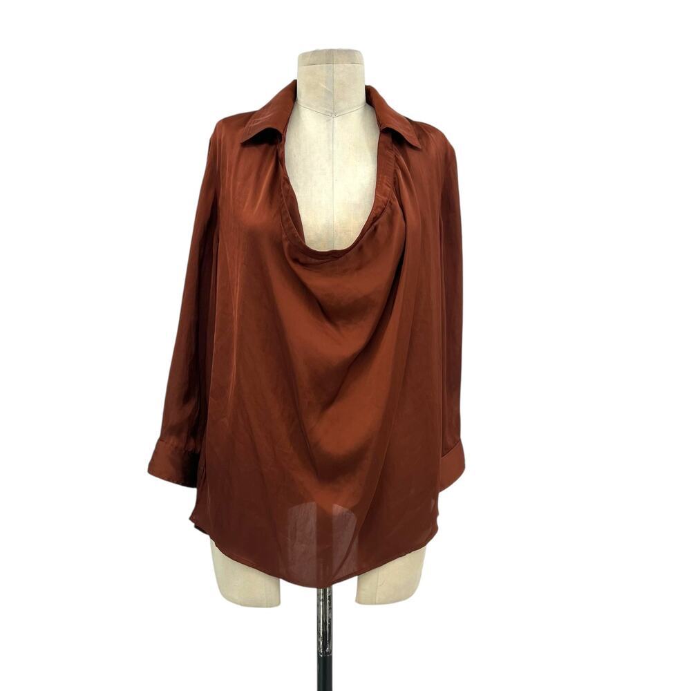 Vince‎ Top Cowl Neck Collared Satin 3/4 Sleeves Rustic Brown Blouse Size 10
